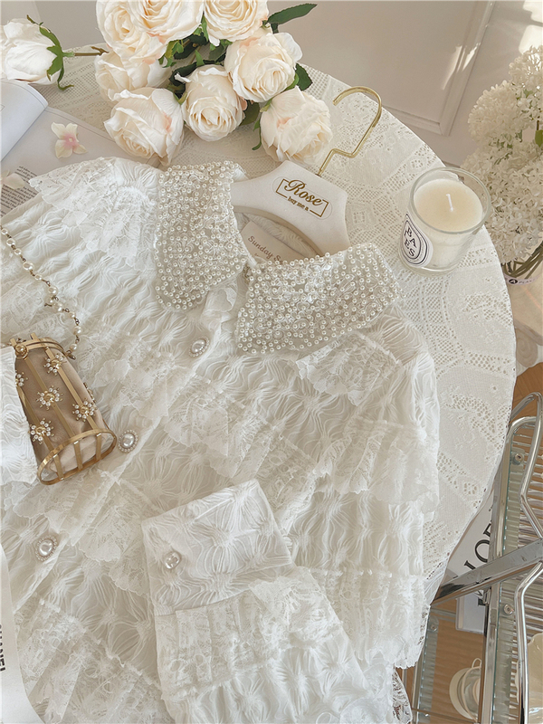 Sunday Seoul / Pearls and Lace, Romantic French Girlish Layered Ruffle Edge Shirt Top