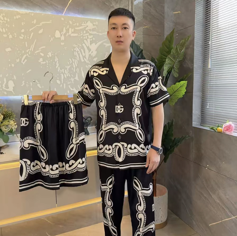 Summer D's Fashion European and American Style Men's Ice Silk Pajamas Short-Sleeved Loose Three-Piece Set Accessible Luxury High-End Home Clothes