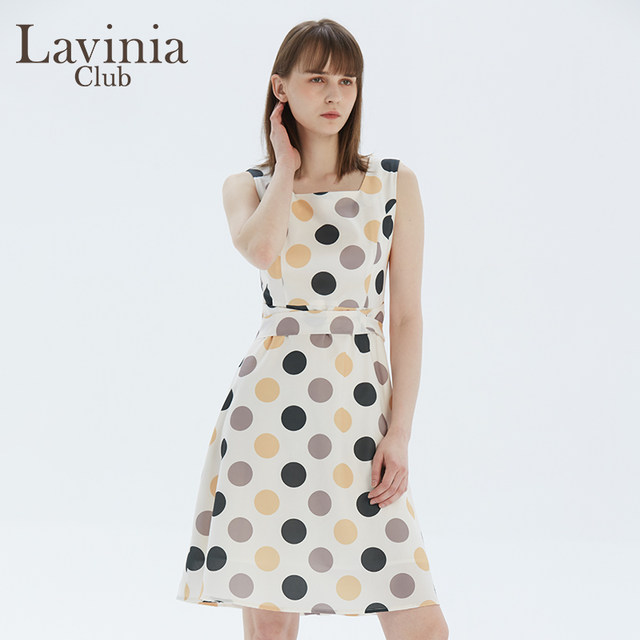 LaviniaClub Lavinia's new summer product temperament polka dot sleeveless neck design dress ອອກແບບຄໍສີ່ຫຼ່ຽມມົນ