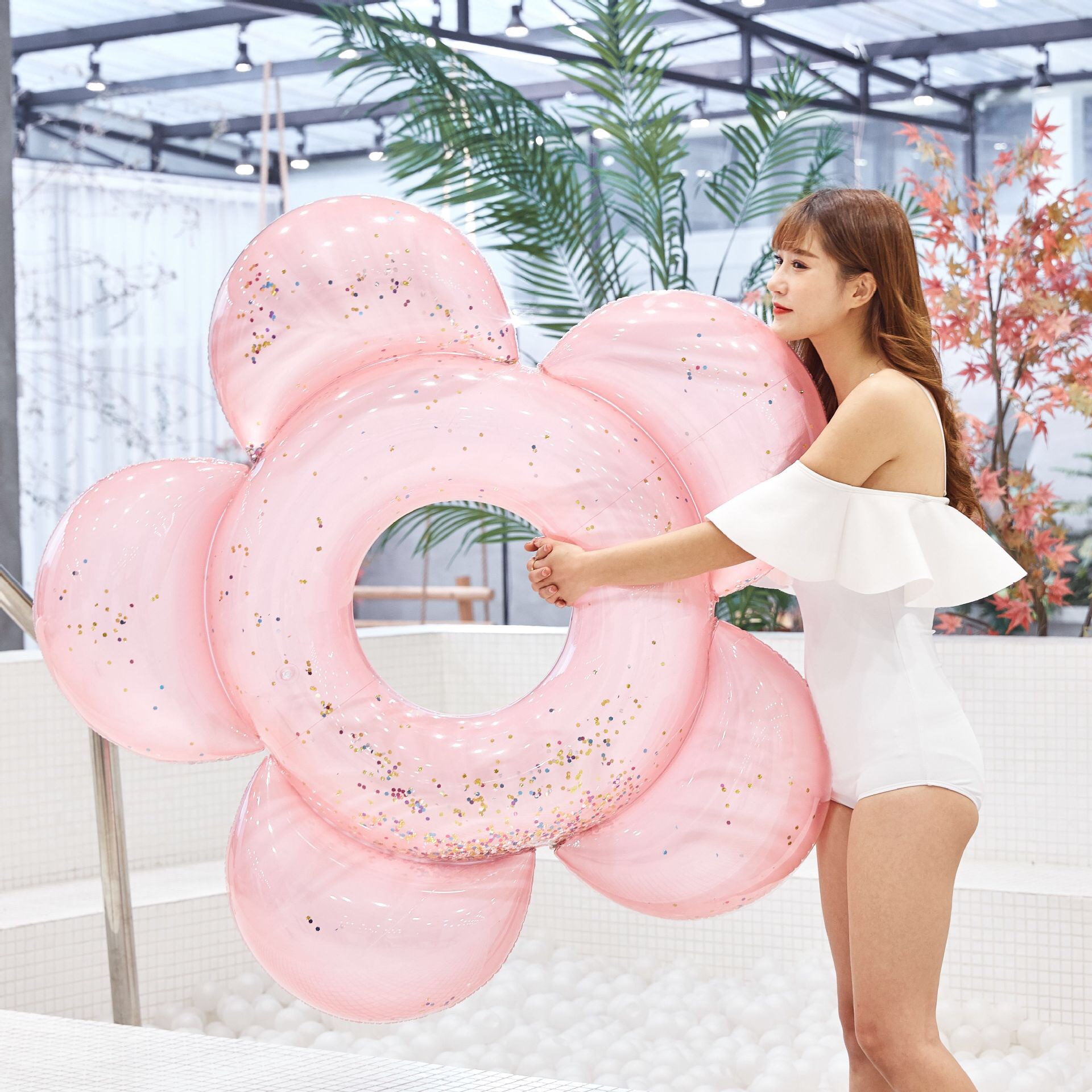 ins flower sequin swimming ring color lifebuoy shiny flower floating ring underarm ring adult flower floating row bed