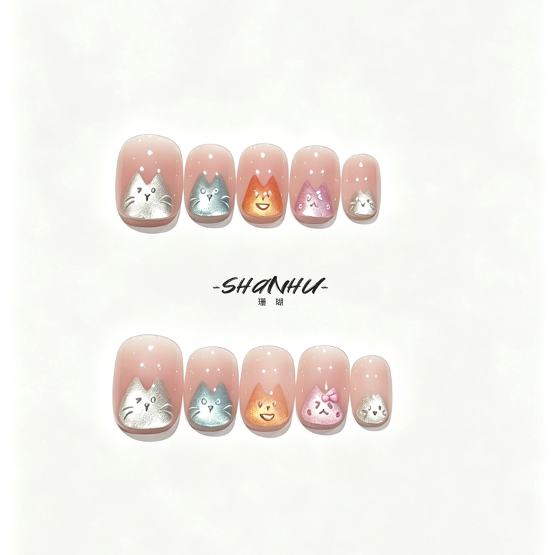 Little Flower Meow Cat Wearable Nails Purely Handmade Pink Gradient Removable Nail Art Pieces Cat Eye Whitening Fake Nails High-End Little Flower Meow Cat Wearable Nails Purely Handmade Pink Gradient Removable Nail Art Pieces Cat Eye Whitening Fake Nails High-End