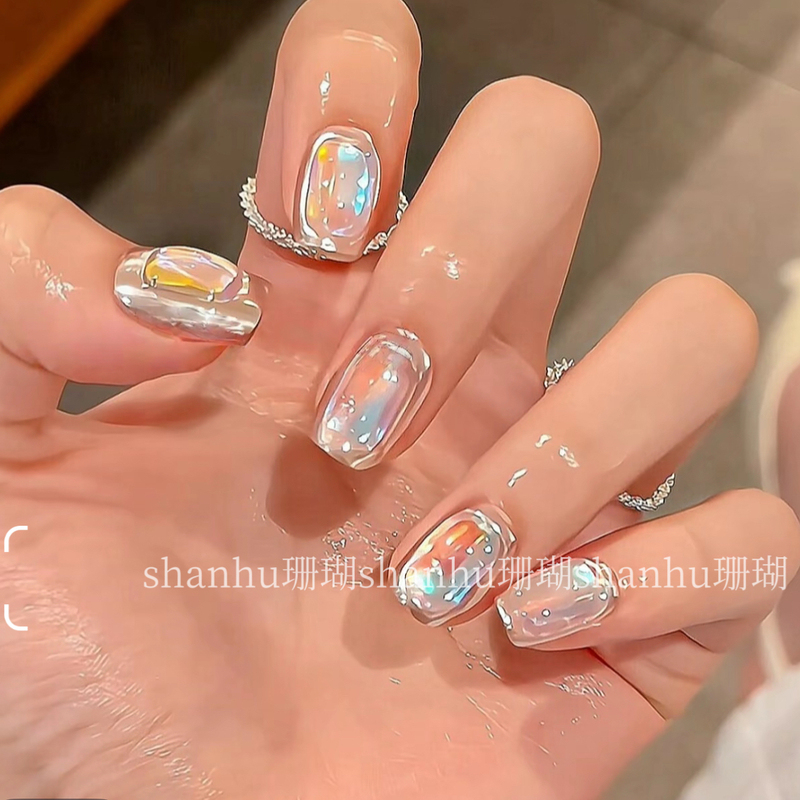 Aurora Ice Cube Handmade Wearable Nails Transparent Colorful Gradient Short Nail Art Patch High-End Whitening Elegant New Style