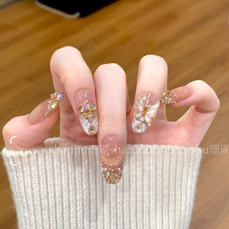 Butterfly Dream Handmade Wearable Nails Short Style High-End Nude Color Manicure Finished Fake Nail Tips New Style Brightening Light Luxury