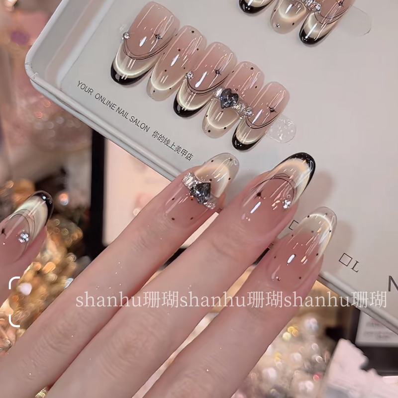 Dark Night Star Wave Dot Cat Eye Gradient Wearable Nails Purely Handmade High-End Elegant Girly Style Nail Art French Style Brightening