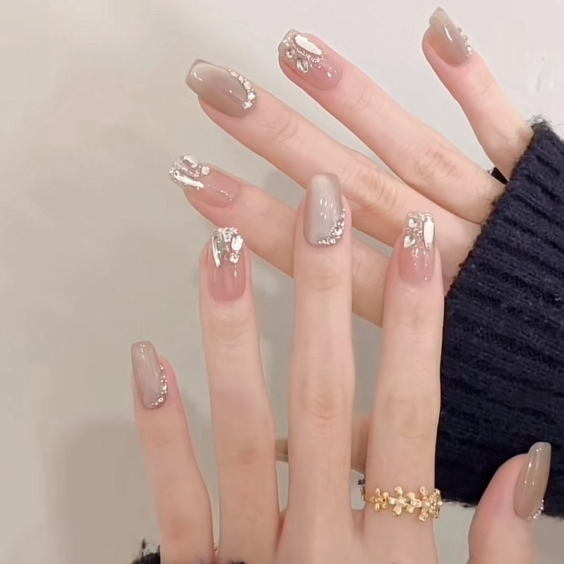 【Beaded Mesh】Handmade Wearable Nails, Brightening Manicure with Sparkling Rhinestones, Simple Cat's Eye Glass Beads, Detachable Manicure