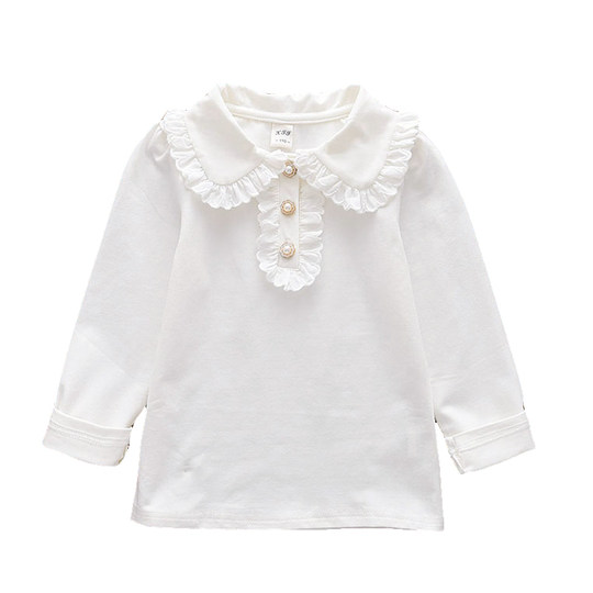 Girls' Cotton Large Stretch Bottoming Shirt Children's Lace Lapel Pearl Button Shirt Fashionable Girl's Long Sleeve T-Shirt