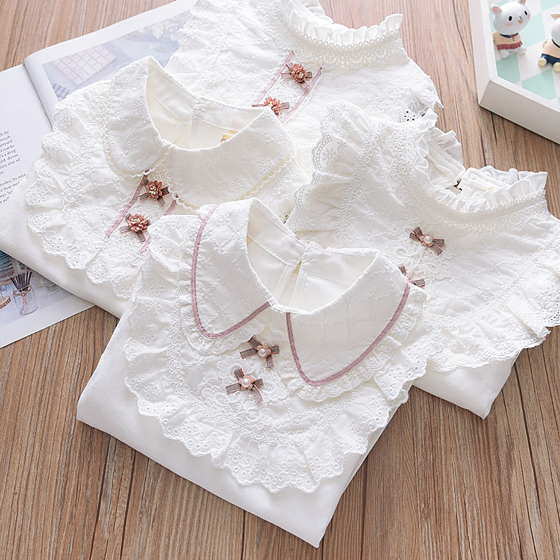 女の子用純綿春秋ベースレイヤーシャツ、子供用スタンドカラー、大きなレーストリム、ストレッチフリース裏地付き長袖Tシャツ、女の子用シャツ、新品