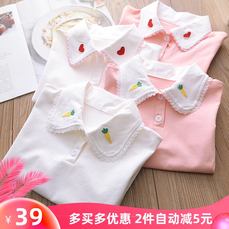 Pure Cotton Girl Round Collar Lace Jersey Undershirt Child Cute White Long Sleeve Shirt Girl Cute Blouse 2021 New