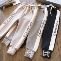 Muers boys and girls plus velvet padded casual pants childrens one-piece long pants foreign-made winter warm pants