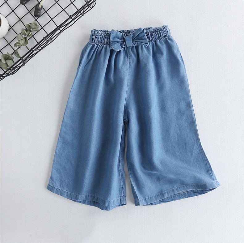 Cô gái Tencel Cotton Mỏng Quần Chân Rộng Trẻ Em của Eo Bow Đuốc Váy Hàn Quốc phiên bản của cắt quần quần short denim