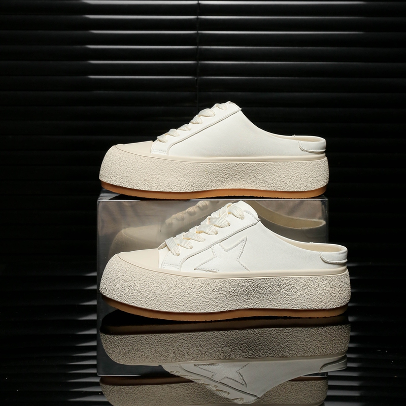 Genuine Leather Women's Thick-Soled Height-Increasing Half-Slippers with Star Design, High-End Feel, Closed-Toe Slip-On Breathable Lazy White Shoes