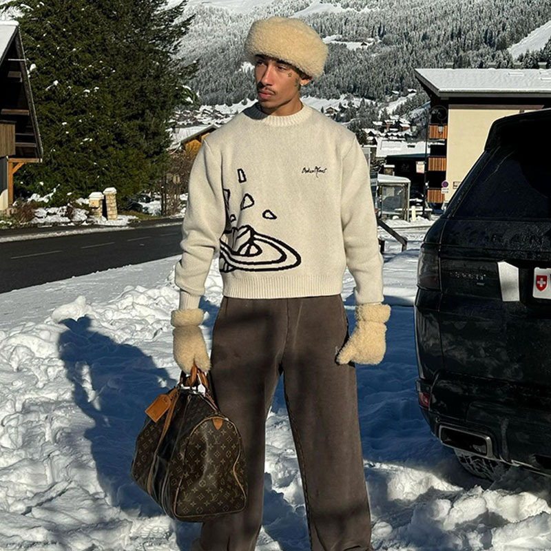American Retro Harajuku Simple Style Pullover Broken Planet Letter Jacquard Knitted Sweater for Men and Women