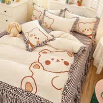 Cute cartoon cute bear bed skirt four-piece cotton cotton sheets quilt cover princess style bedding single cover
