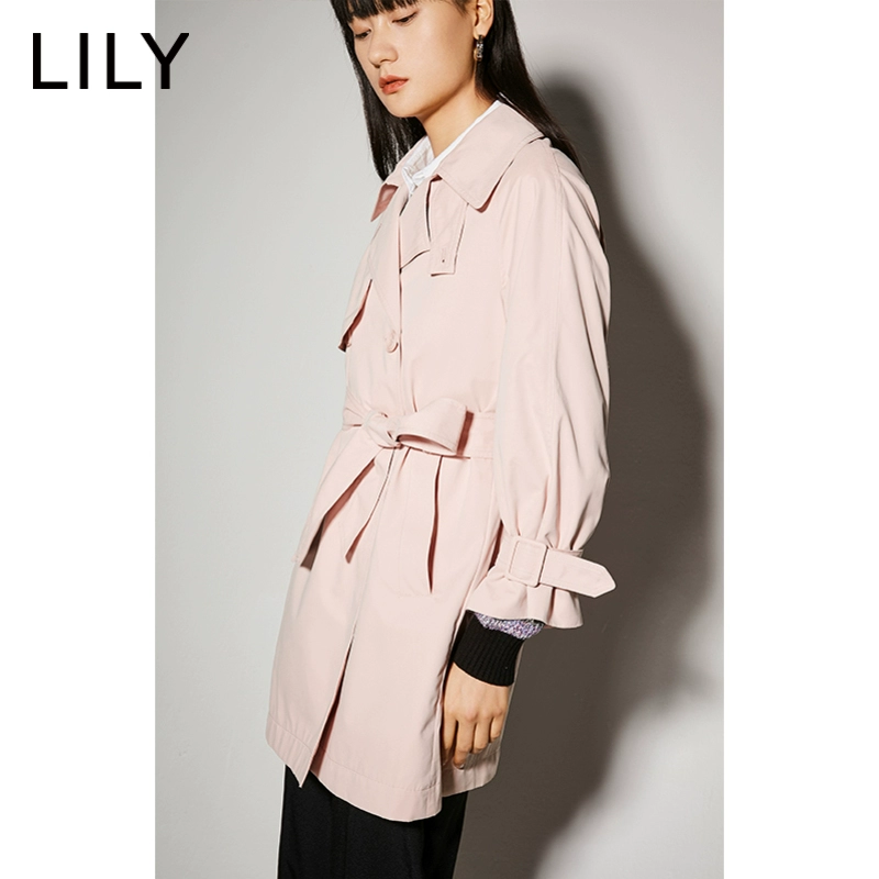 LILY2020 mùa xuân mới của phụ nữ khí chất rắn màu đôi áo ngực lỏng áo khoác cà vạt 120120C1610 - Trench Coat