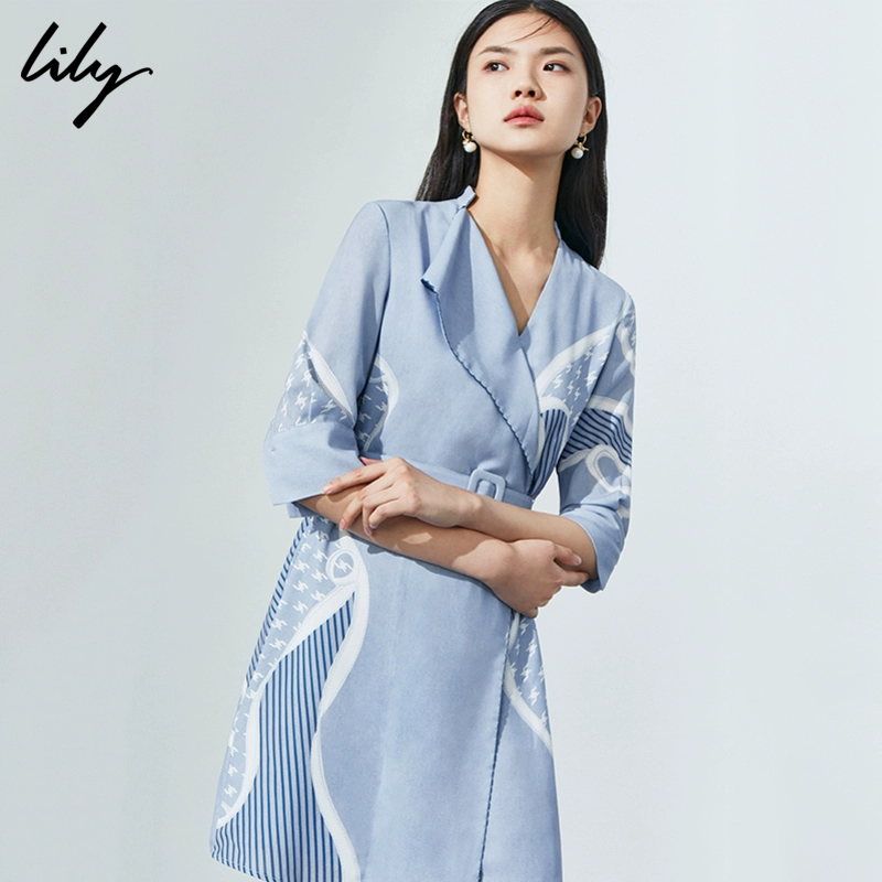 Lily2020 xuân hè mới khí chất của phụ nữ in họa tiết cổ chữ V houndstooth eo cao tay áo thon dài 7295 - Váy eo cao