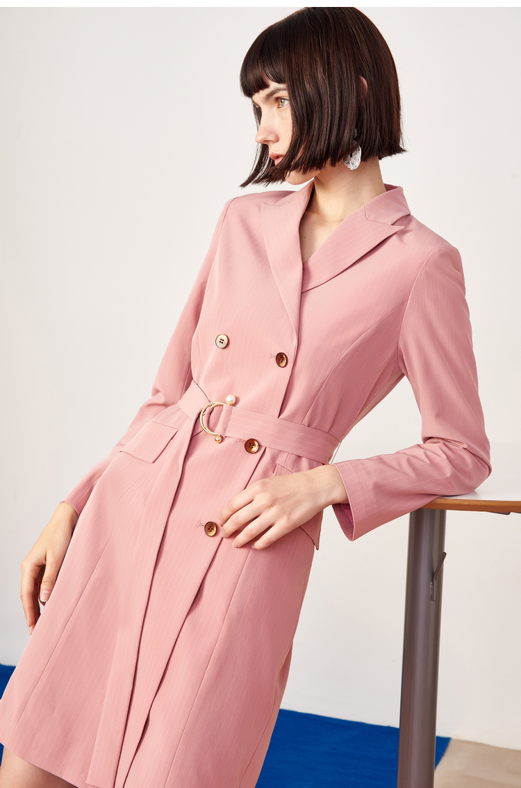 Lily2019春新款女装两穿条纹风衣外套带西装领连衣裙