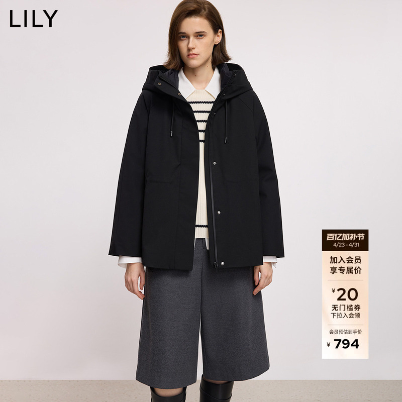 Lily2025 New Winter Style Black down Jacket with Wool and 90% Duck Down, Hooded, Drawstring Waist, Women's Mid-Length