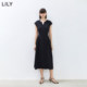 LILY2024 ການອອກແບບເຄື່ອງນຸ່ງຜູ້ຍິງລະດູຮ້ອນໃຫມ່ stitching ຄົນອັບເດດ: ກວ້າງ shoulder temperament ແອວສູງ slim dress skirt ສີດໍາເລັກນ້ອຍ