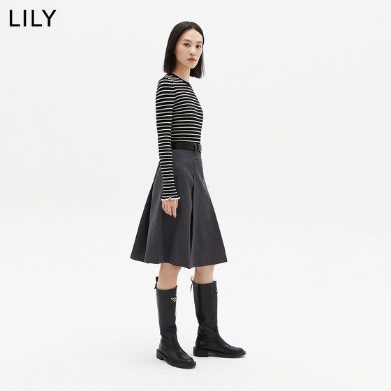 LILY 여성용 모든 양모 레트로 스트라이프 스웨터 바닥 셔츠