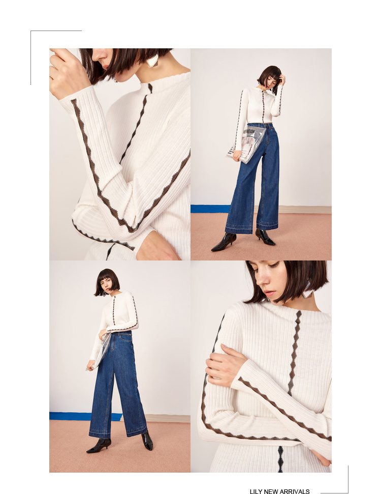 Lily2019春新款女装修身版型,打底衫,蕾丝镂空打底衫套头针织衫