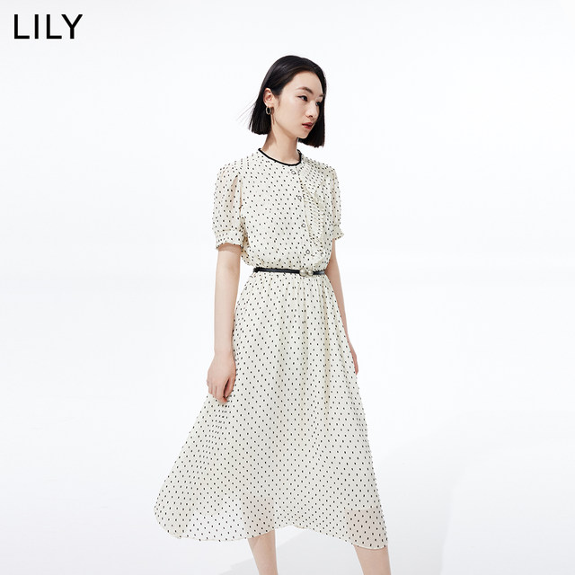 LILY ໃໝ່ລະດູຮ້ອນຂອງແມ່ຍິງ ແອວ retro polka dot ກະທັດຮັດ pleated A-line temperament drapey dress ແອວສູງ