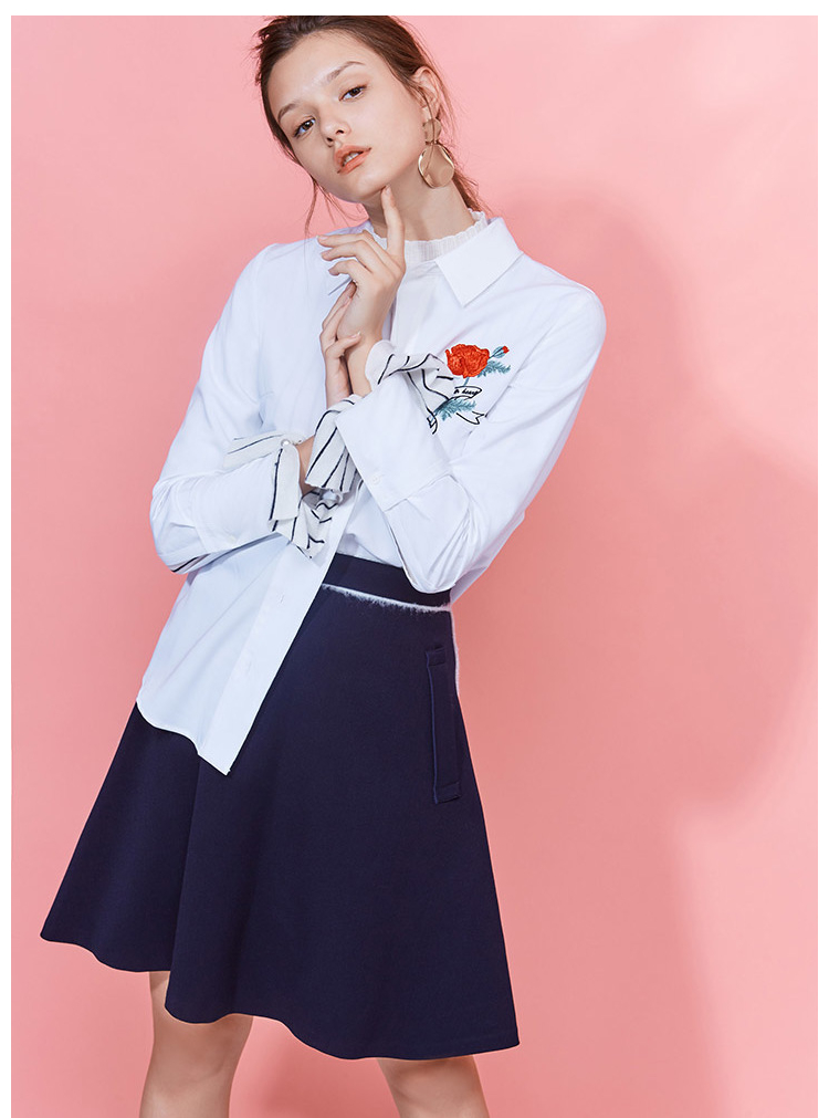 Lily冬新款女装OLA型轮廓;撞色织带;商务通勤型撞色中裙高腰半身裙
