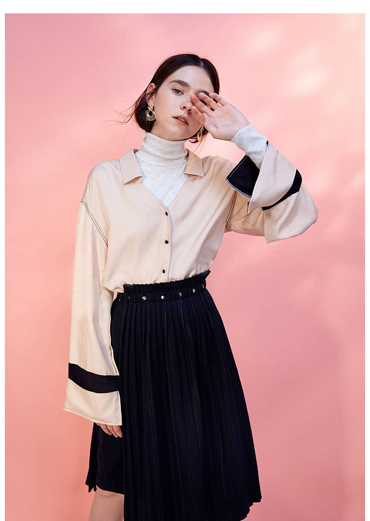 Lily冬新款女装不对称;喇叭袖口;撞色条纹;落肩袖衬衫