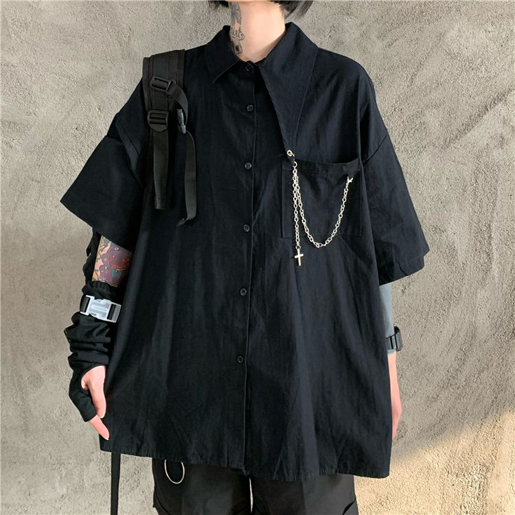 Women's Summer Korean Style ins Dark Vintage Workwear Short-Sleeve Shirt Loose White Top Jacket Trendy