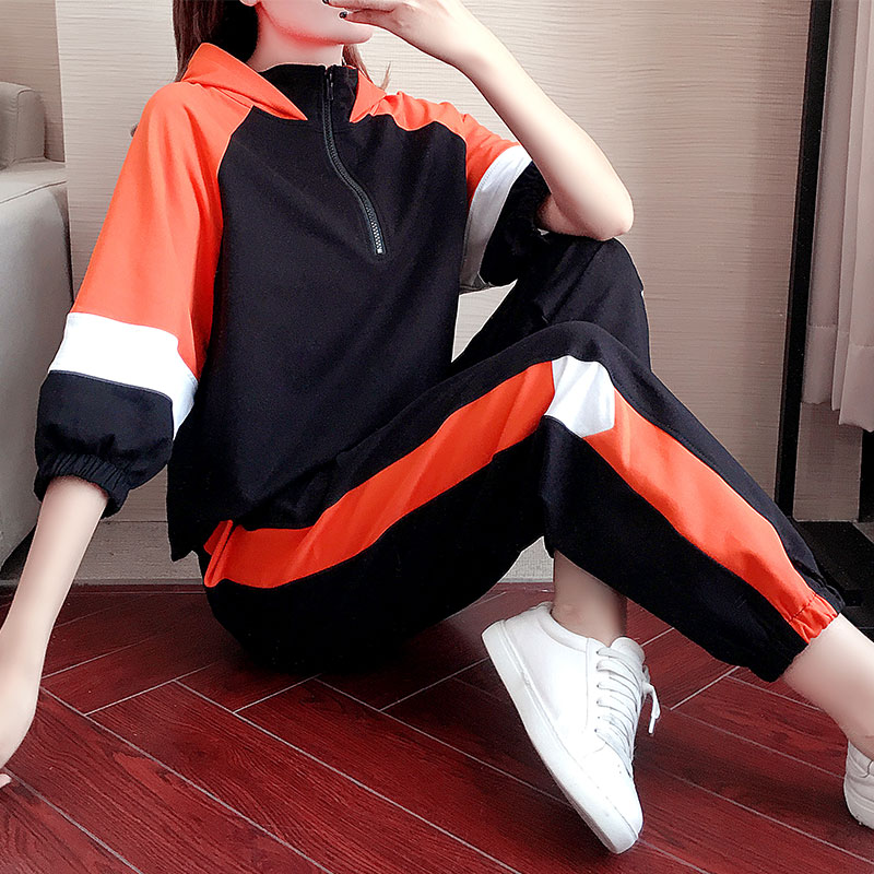 Port Taste Foreign Pie Sports Suit Women 2022 Spring Autumn Tide Casual Fashion 70% Sleeve Sweatshirt With Cap Two Sets Loose