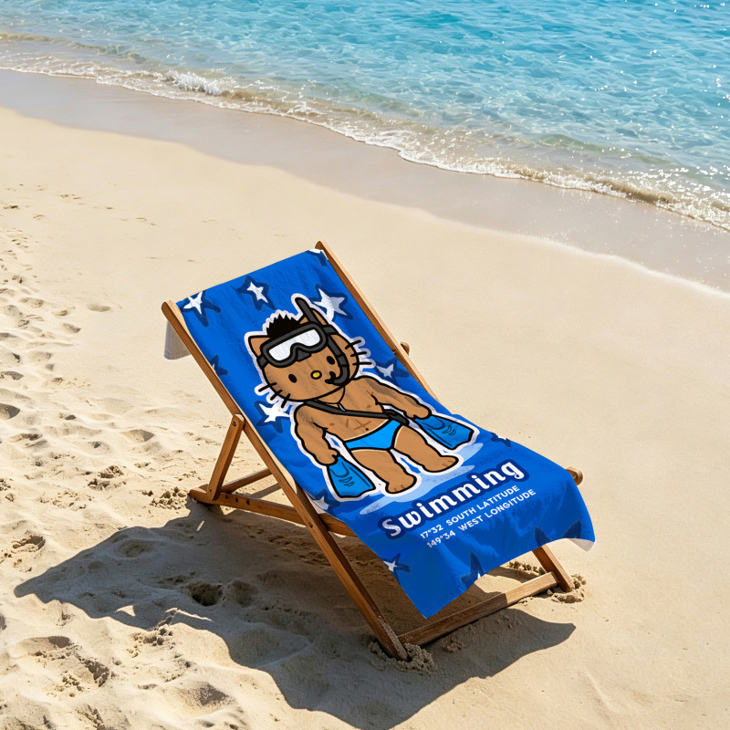 Summer Swimming Towel, Fitness Diving Beach Towel, Surfing Series, Water-Absorbent, Quick-Drying, Couple Style, Black Leather Cat Design, Lightweight
