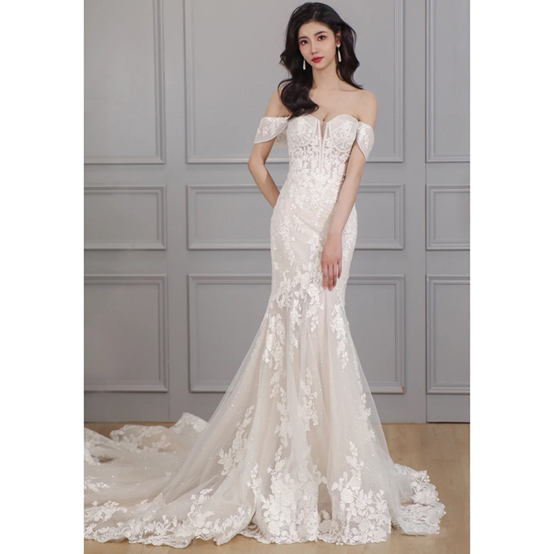 French fishtail light wedding dress temperament, shoulder high -level sensory lace slimon French fishtail light wedding dress temperament, shoulder high -level sensory lace slimon