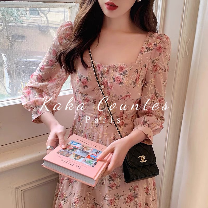 Sandro Moscoloni French snow spinning dress girl 2023 new vintage square collar dress