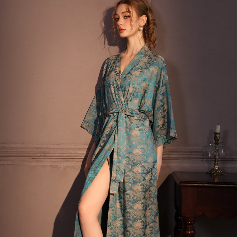 Palace-Style High-End Spring and Summer Nightgown for Women, Bathrobe-Style Summer Silk Morning Robe, Mid-Length Mulberry Silk Jacquard, New Chinese Style