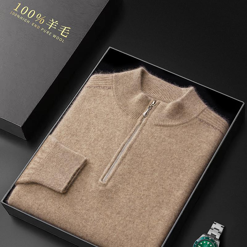 Autumn and Winter 100% Pure Wool Sweater for Men, Half-Open Collar, Solid Color Zipper Sweater, Thickened Knitted Base Layer Cashmere Sweater Jacket Autumn and Winter 100% Pure Wool Sweater for Men, Half-Open Collar, Solid Color Zipper Sweater, Thickened Knitted Base Layer Cashmere Sweater Jacket
