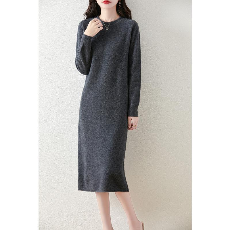 2025 Spring and Autumn New Style Elegant Round Neck 100% Pure Wool Knitted Mid-Length Dress for Women