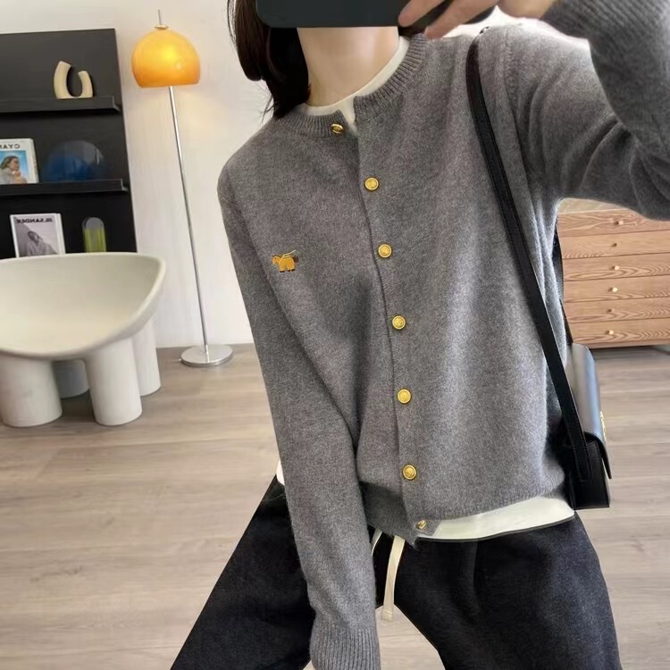 100% Pure Wool Cardigan for Women, Short Style, Round Neck Sweater Jacket, Loose Korean Style, Spring and Autumn Cashmere Knit Outerwear