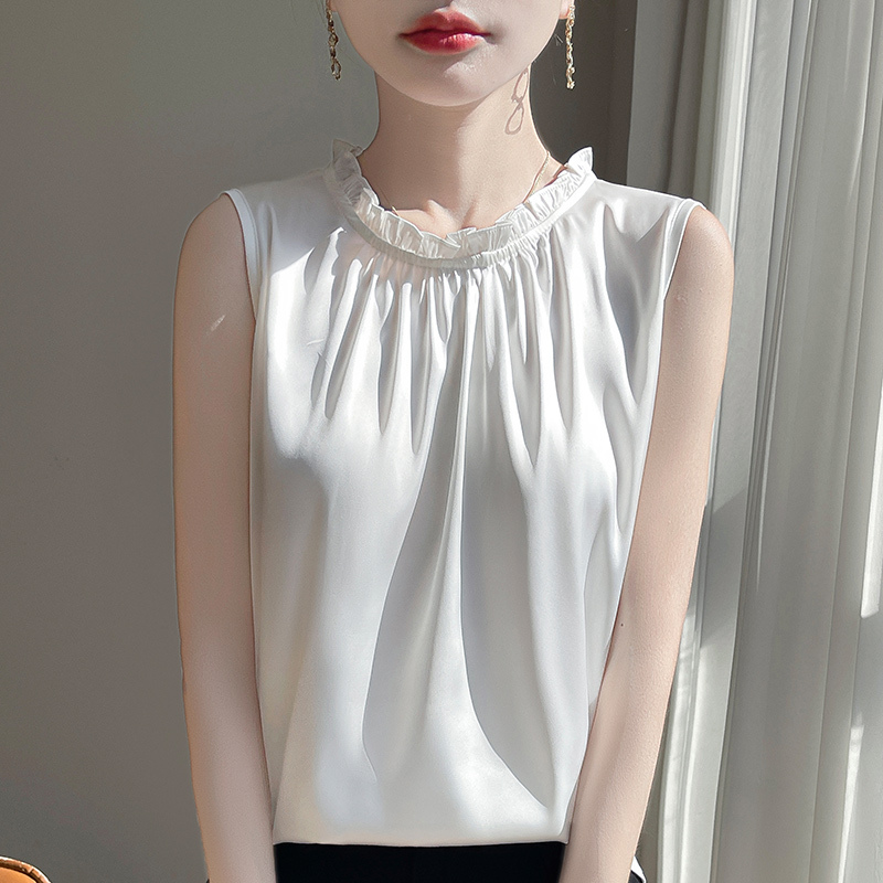 2025 Spring and Summer New Style French Lace Collar Shirt Casual Satin Stylish Shirt Women's Fashionable Versatile Sleeveless Vest 2025 Spring and Summer New Style French Lace Collar Shirt Casual Satin Stylish Shirt Women's Fashionable Versatile Sleeveless Vest