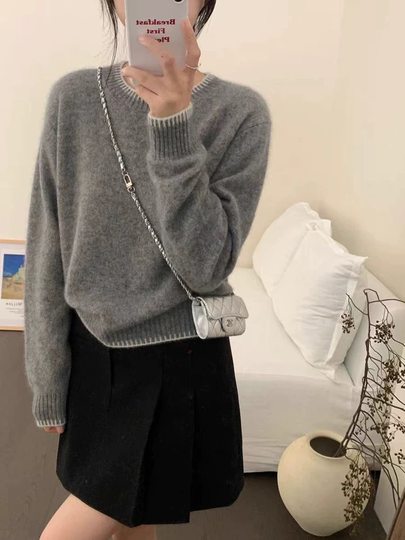 Свитер из 100% мериносовой шерсти для женщин, с круглым вырезом, серый, новая модель осень-зима 2025, европейский кашемир, высококачественная трикотажная базовая одежда.