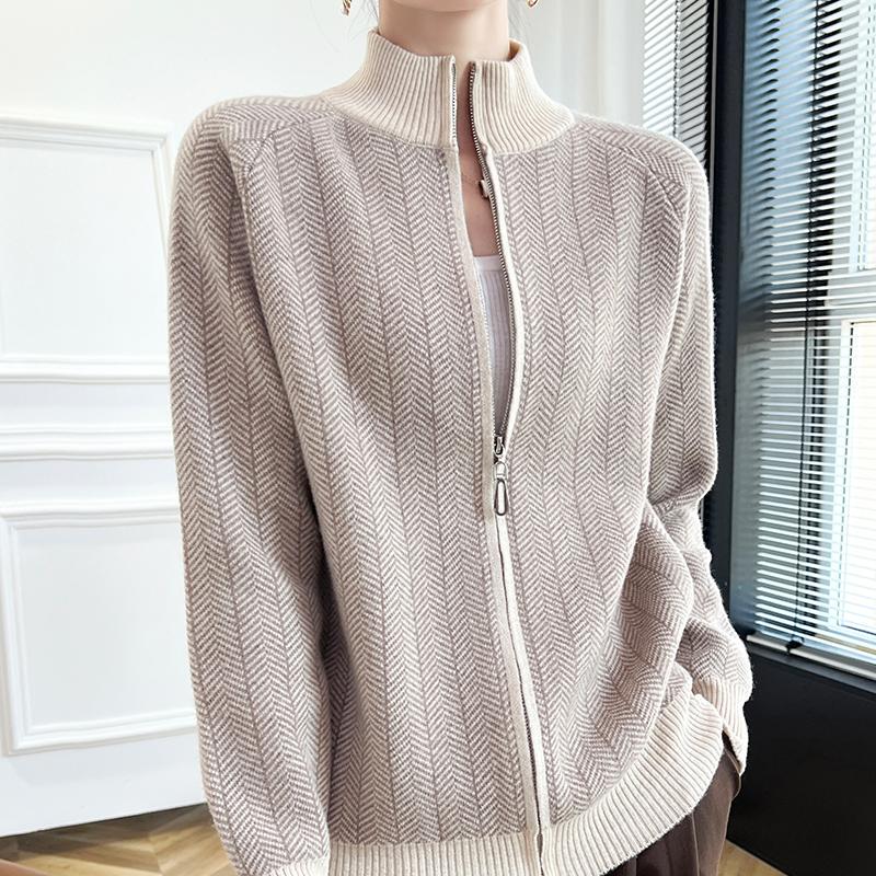 New Autumn and Winter Style Half-Turtleneck 100% Pure Wool Sweater for Women, Elegant Loose Jacquard Zip-Up Cardigan Jacket Top