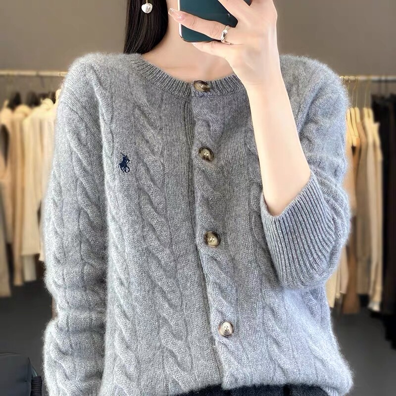 European Station 100% Pure Wool Cardigan for Women, Horse Embroidery, Round Neck, Casual Knitwear, Cable Knit Sweater, Cashmere Coat