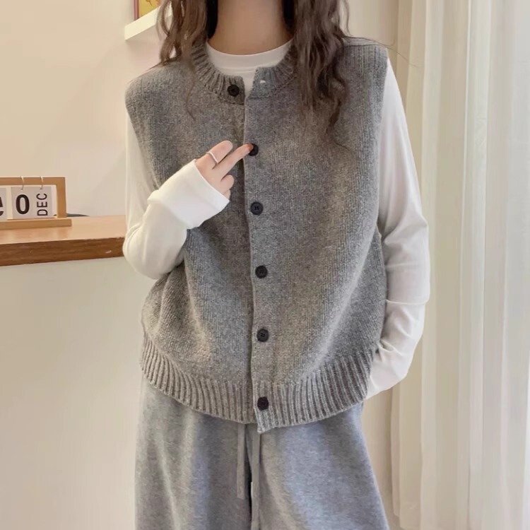 Simple and Elegant ~ 100% Pure Wool Knitted Vest for Women, Layered Round Neck Cardigan Sweater, Sleeveless Top, Trendy