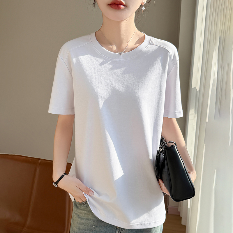 Summer Cool-Feeling Roman Cotton Knitted Short-Sleeved T-Shirt for Women, Round Neck, Mid-Length, Loose, Large Size, Pure Cotton Top, Base Layer Shirt