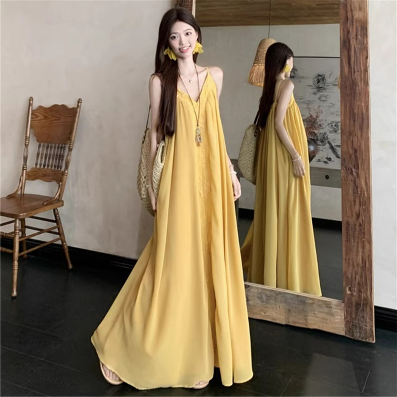 Vacation Style French Suspender Dress Embroidered V-Neck Yellow Dress Women's Summer Loose Slimming Large Hem Long Skirt