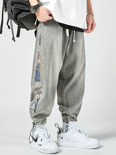 Ретро джинсы, мужские штаны, с вышивкой, с медвежатами