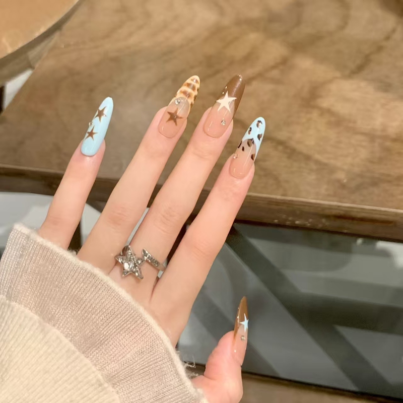 Handmade Wearable Nails for Autumn and Winter, Leopard Print, Starry French Cat-Eye Style, Medium-Length Nail Patches, Removable Fake Nails