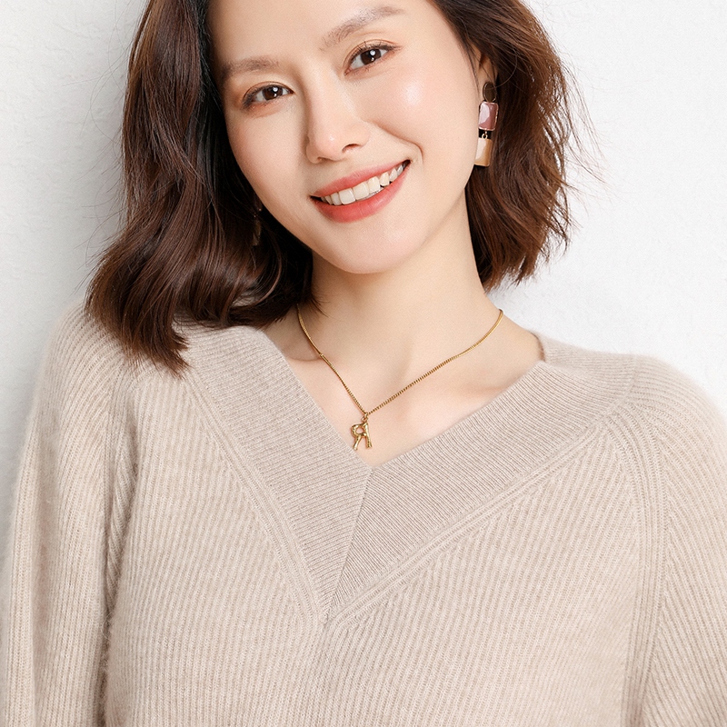 Exquisite Yuanbao Stitch | V-Neck Cashmere Sweater for Women, Elegant Knitted Wool Sweater, Loose Pullover, Thick Knitted Sweater