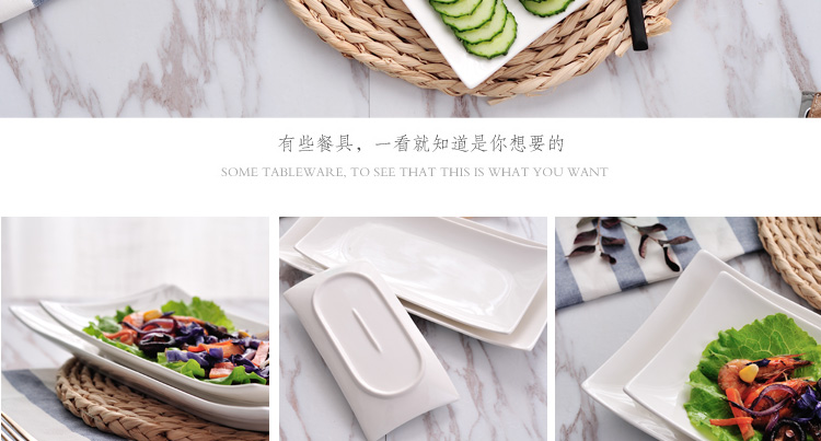 Đĩa sứ trắng tinh khiết hình chữ nhật dải dài sushi bánh mì bộ đồ ăn bằng gốm tấm sáng tạo món ăn phương Tây đĩa bánh bát ăn cơm đẹp