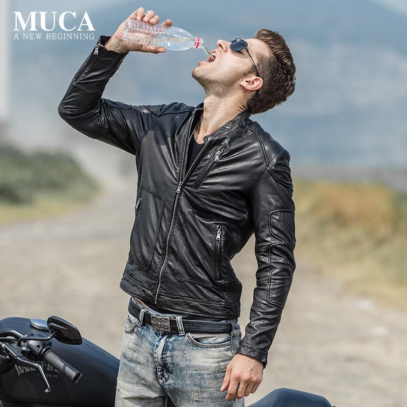 Haining New Genuine Leather Men's Short Leather Jacket with Stand Collar, Biker Jacket, Men's Sheepskin Coat, Trendy and Stylish