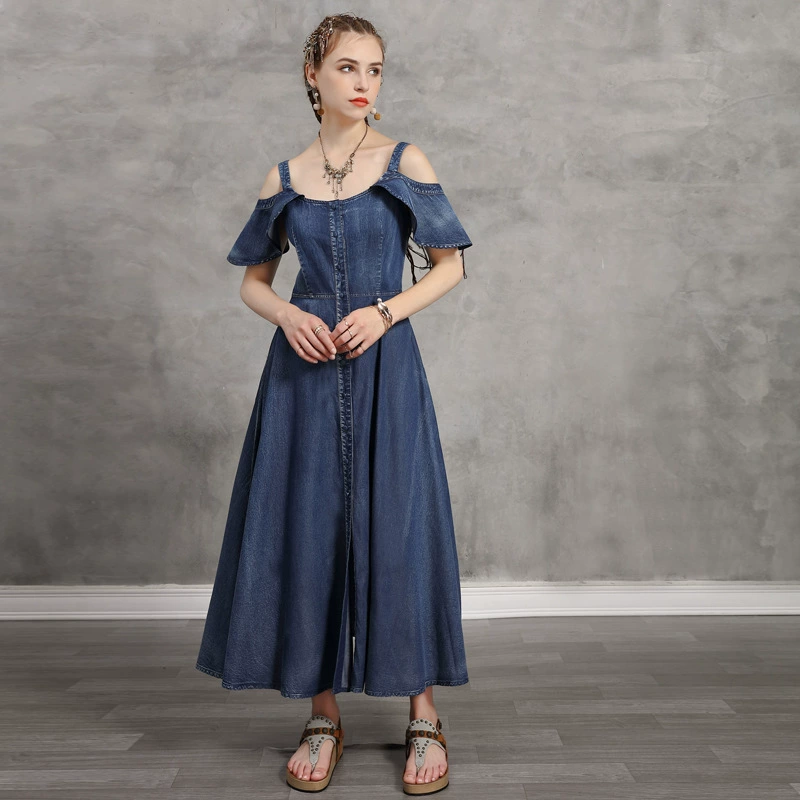 Aka phụ nữ mùa hè mới 2021 váy đầm xòe lớn denim thắt lưng cao dây đeo cổ quây váy tính khí - Váy eo cao