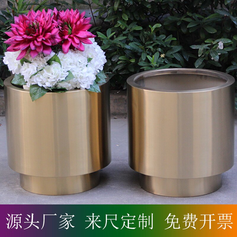 Round Stainless Steel Flower Bucket Cylindrical Flower Pot Gardening Set Pot Tree Pool Combined Flower Box Model Room Light Luxury